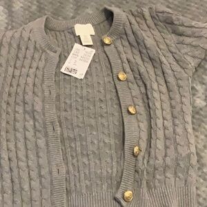 Gray Cable Knit Sweater with Gold Buttons